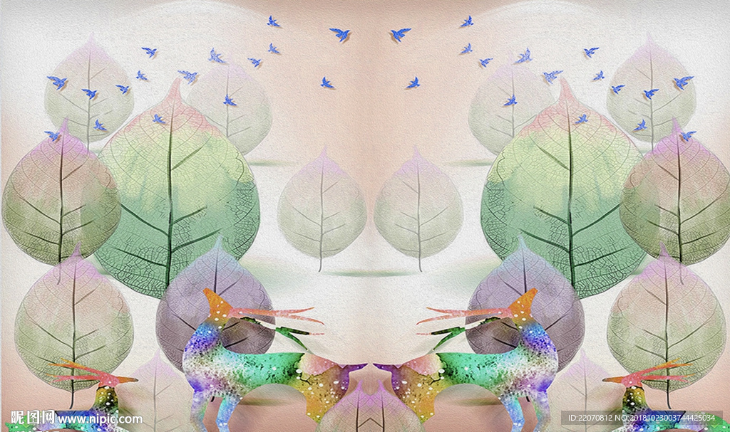 简约手绘叶子麋鹿背景墙