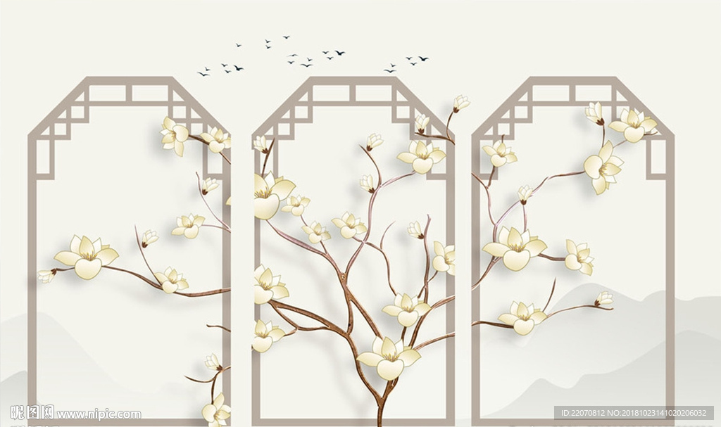 中式意境淡雅玉兰花枝山鸟背景墙