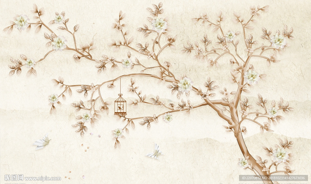 中式手绘花鸟唯美意境背景墙