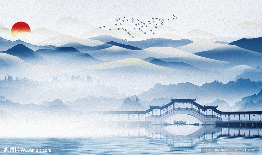 中式山水倒影背景墙