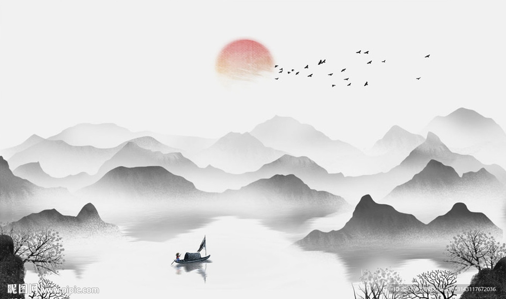 水墨山水画夕阳背景墙
