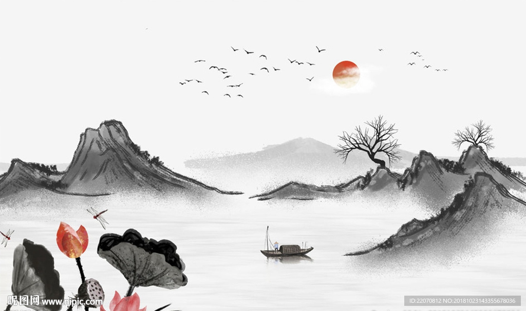 水墨山水画荷花背景墙
