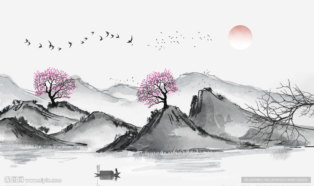 水墨山水画飞鸟背景墙