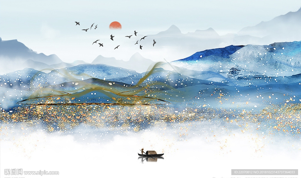 中国风唯美蓝色水墨山水背景墙