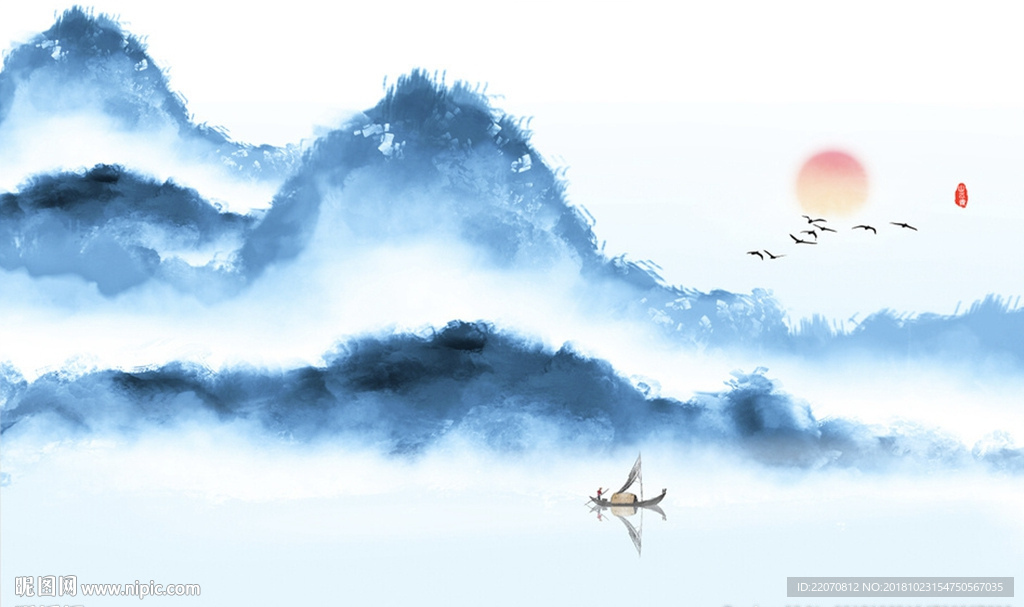 蓝色意境水墨山水背景墙