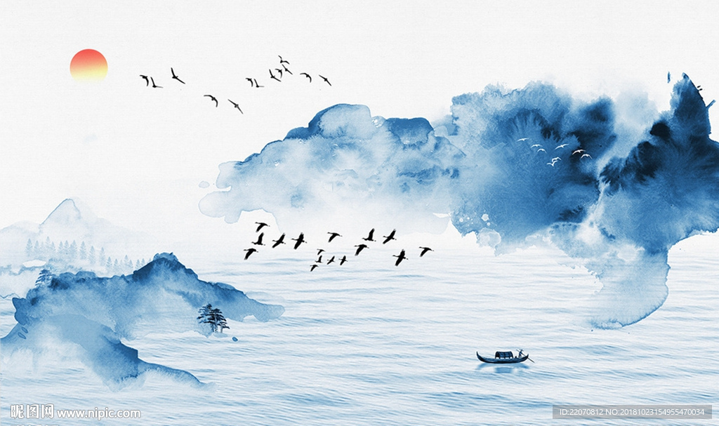 蓝色水墨山水风景背景墙