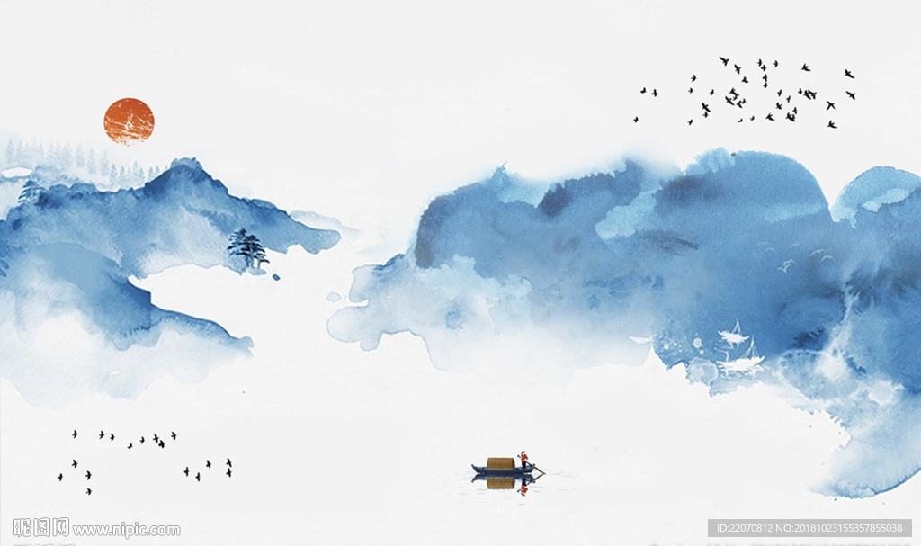 中式蓝色抽象水墨山水背景墙