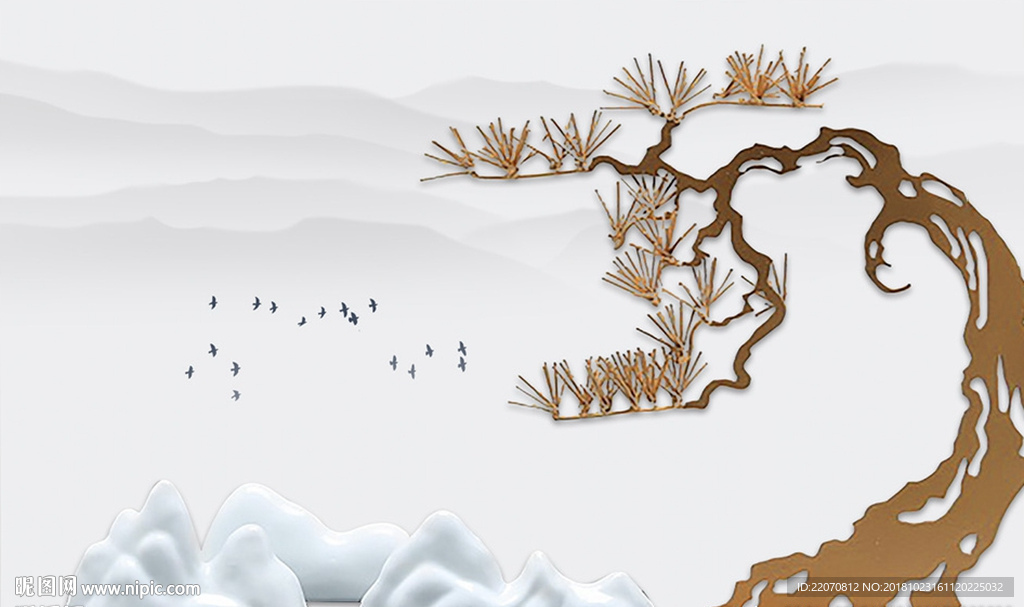 中式浮雕立体松树假山背景墙
