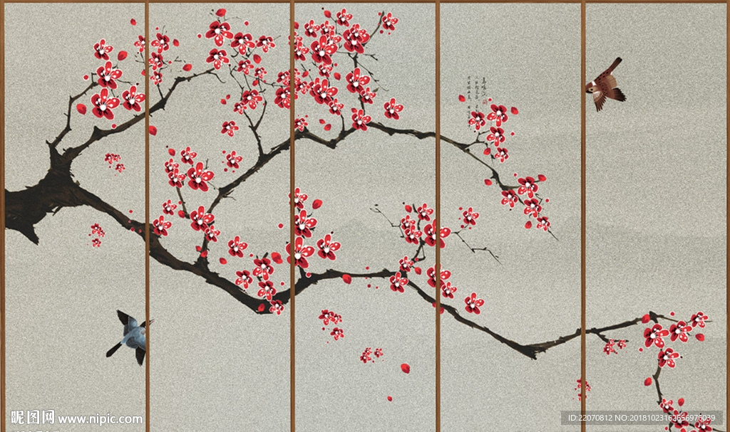 创意手绘梅花花鸟山水背景墙