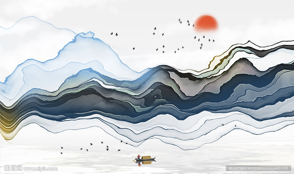 中式抽象水墨山水线条背景墙