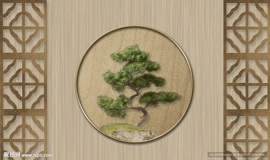 中式禅意造型古松浮雕背景墙