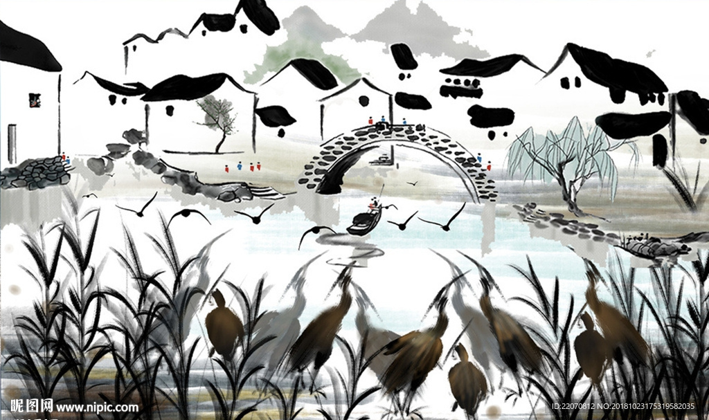 中式白鹭古宅风景背景墙