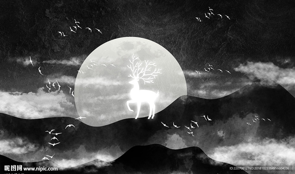 现代梦幻夜景麋鹿山水背景墙