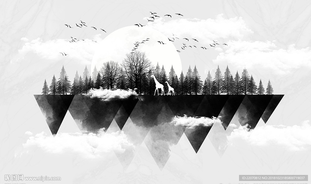 现代几何水墨手绘山水背景墙