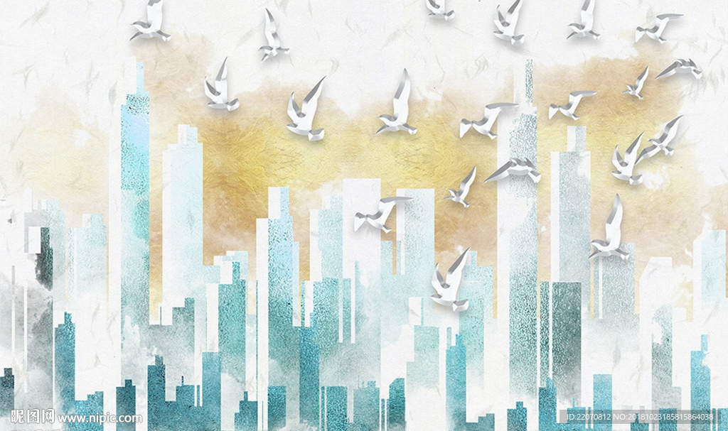 现代几何手绘水墨城市背景墙