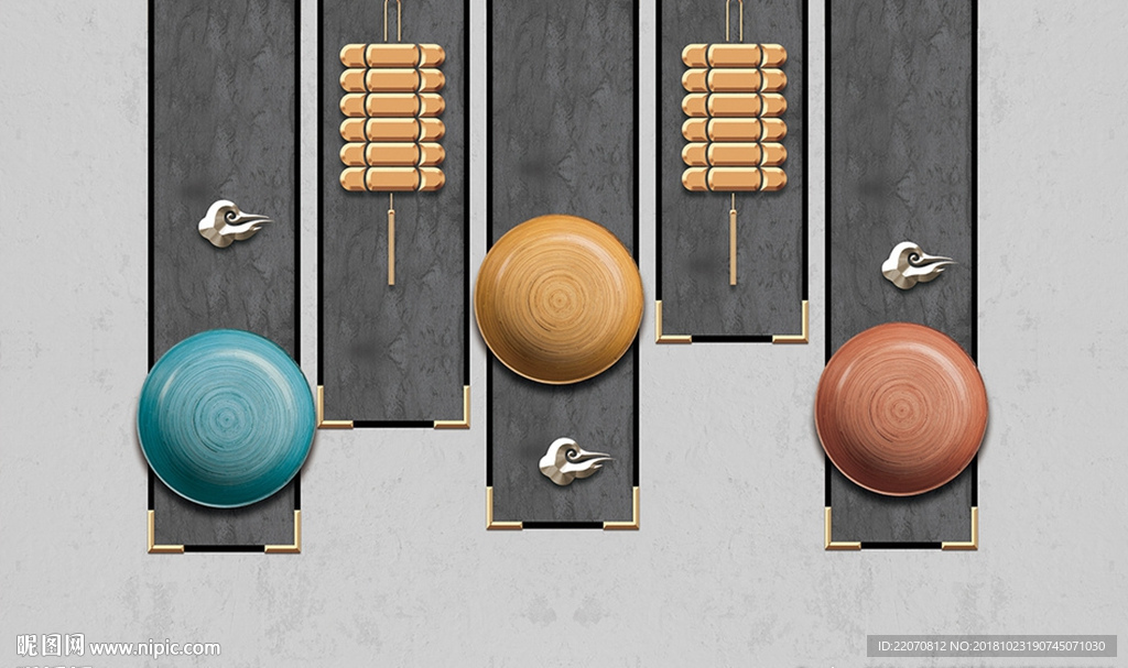 现代碟子灯笼浮雕铁艺装饰背景墙