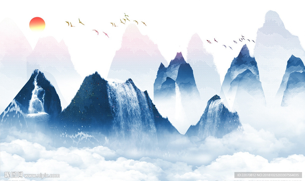 中国风水墨山水风景飞鸟意境背景