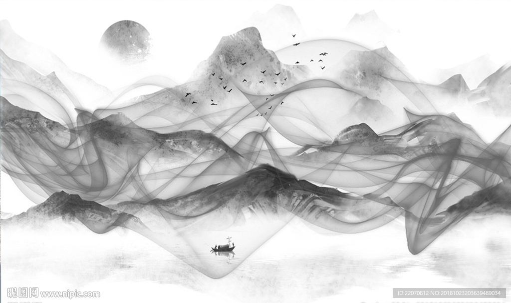 中式云雾缭绕山水背景墙