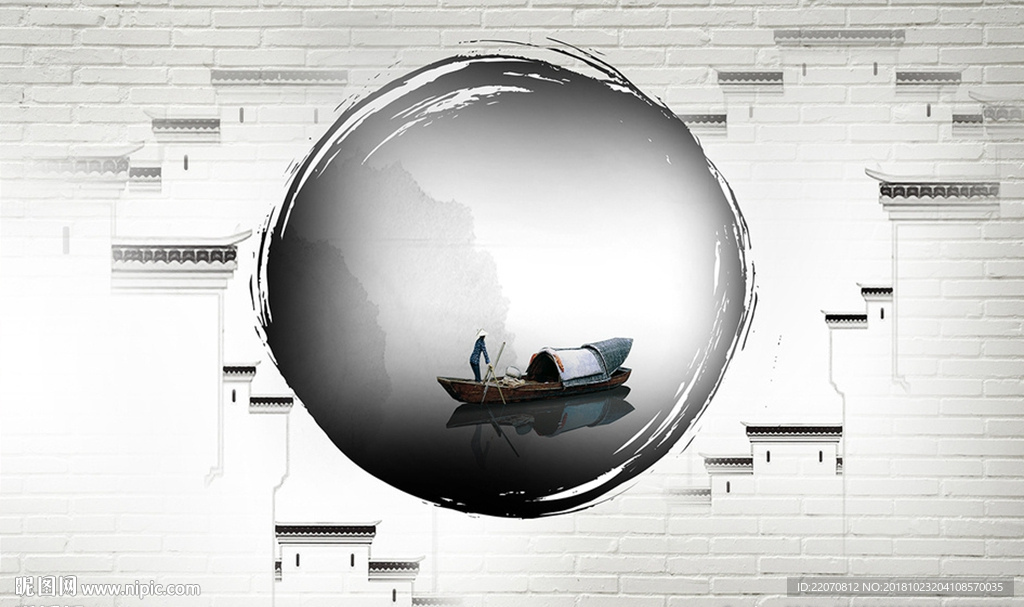 中式唯美山水徽派建筑背景墙