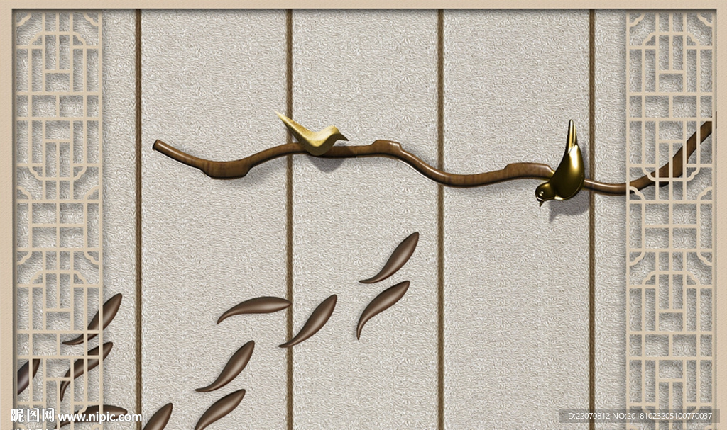 中式树枝小鸟鱼群浮雕背景墙