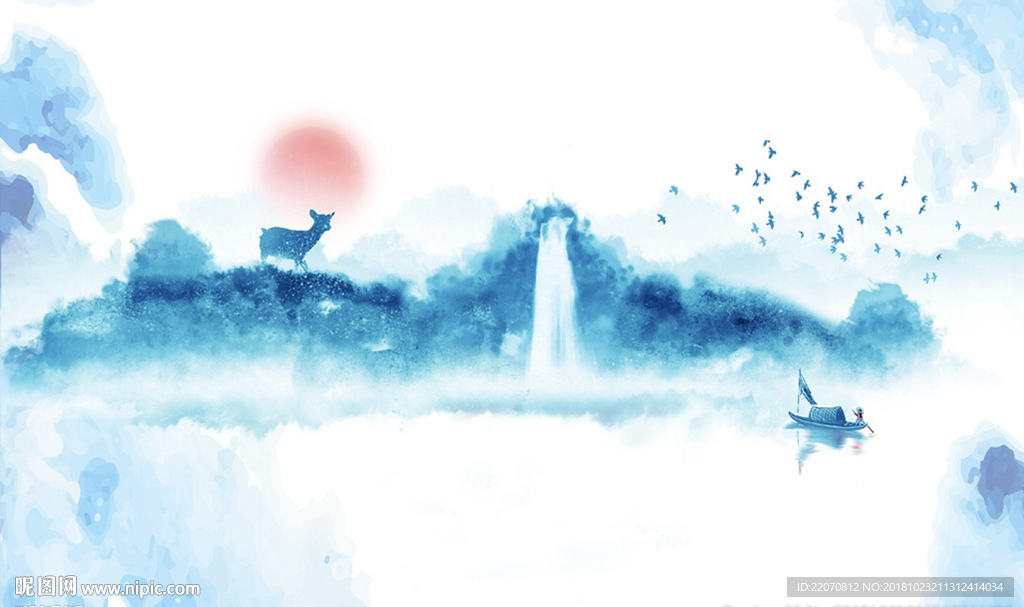 蓝色意境水墨山水背景墙