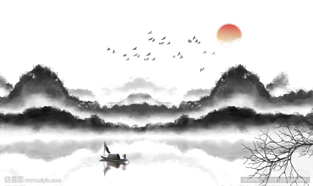 抽象水墨山水日出飞鸟背景墙