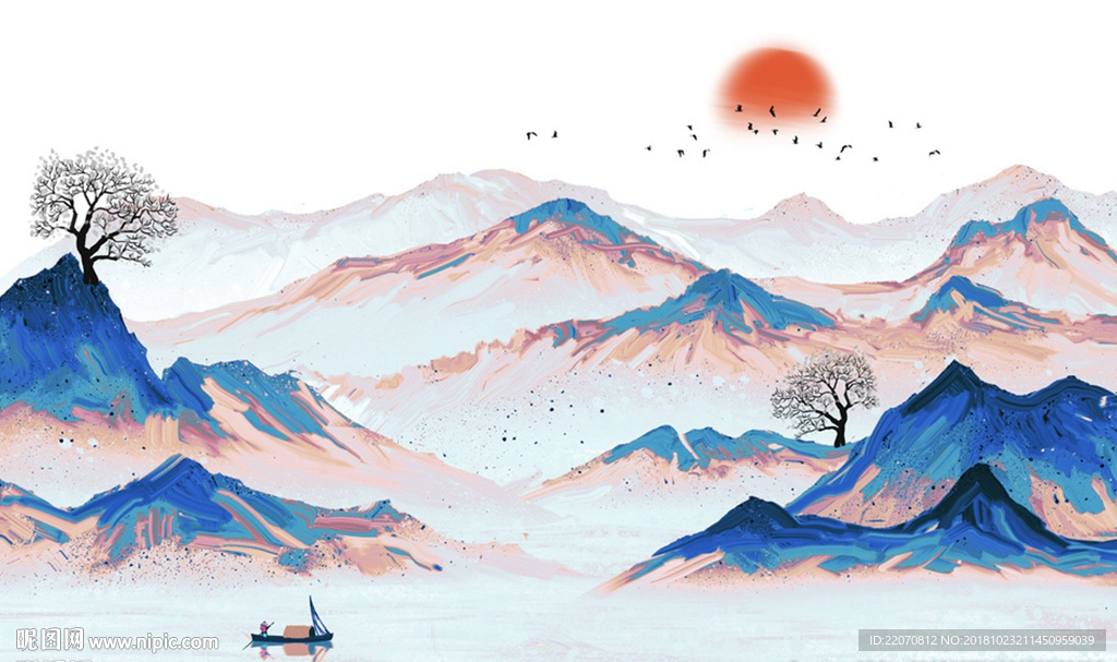 中式抽象水墨日出山水背景墙