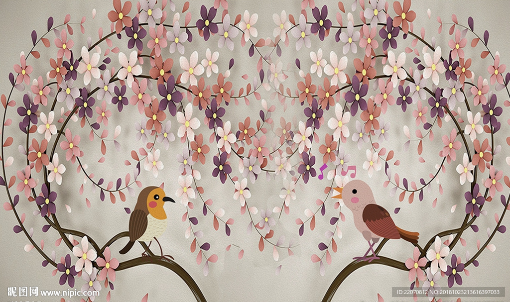 现代树枝花卉小鸟唱歌背景墙