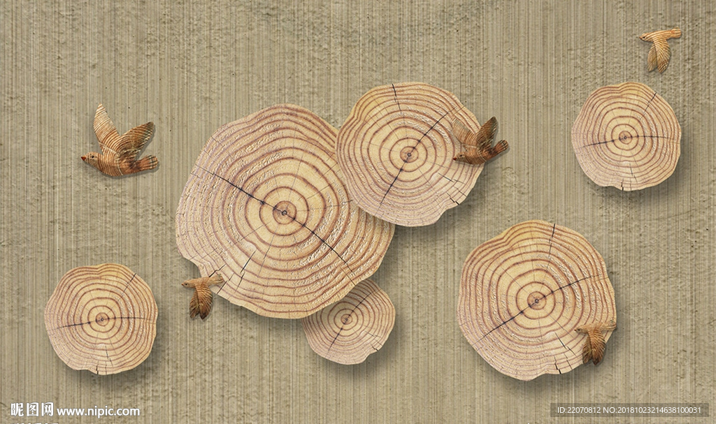 现代简约木头年轮飞鸟浮雕背景墙