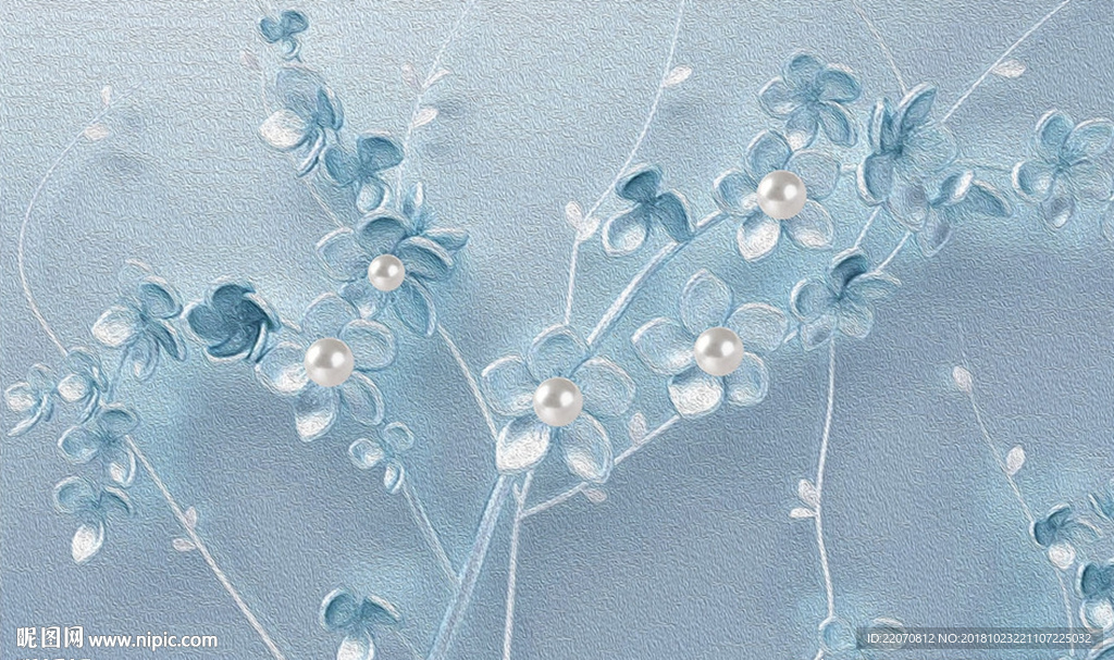 北欧几何蓝色花卉珍珠背景墙