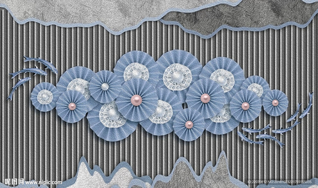 蓝色几何抽象荷花鱼塘背景墙