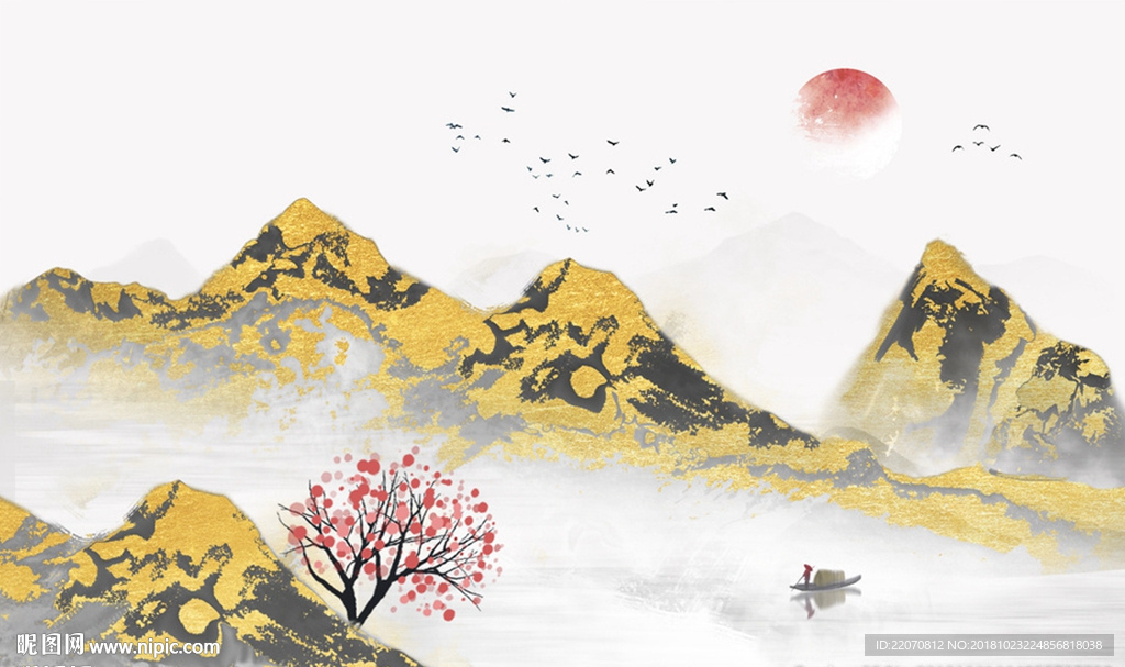 金色水墨山水飞鸟抽象背景墙