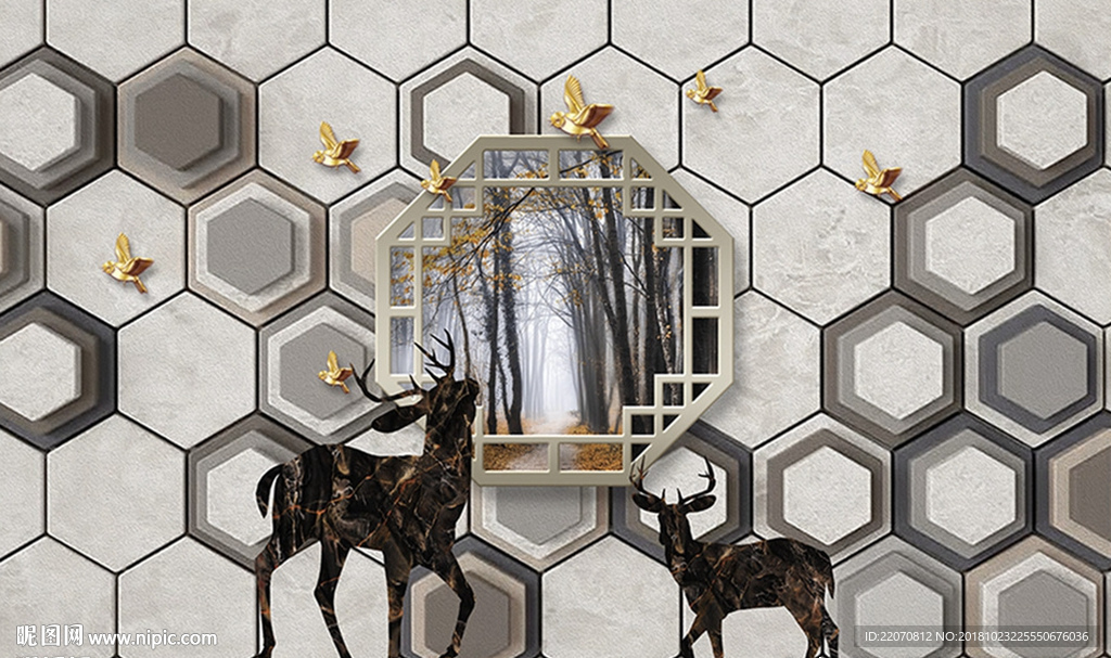 3D立体鹿背景墙
