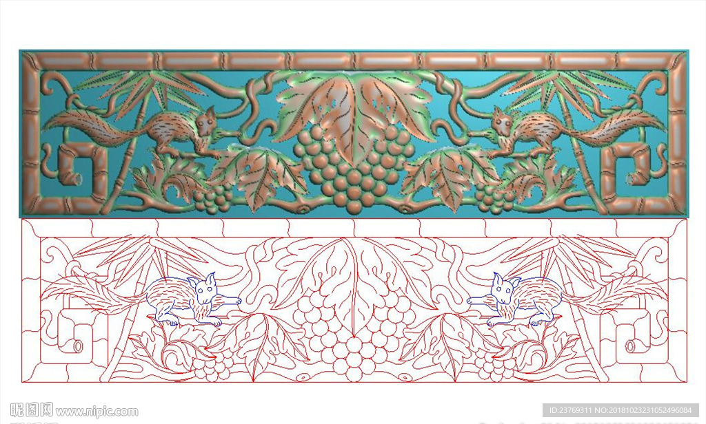 横板葡萄松树镂空花板竹子精雕图