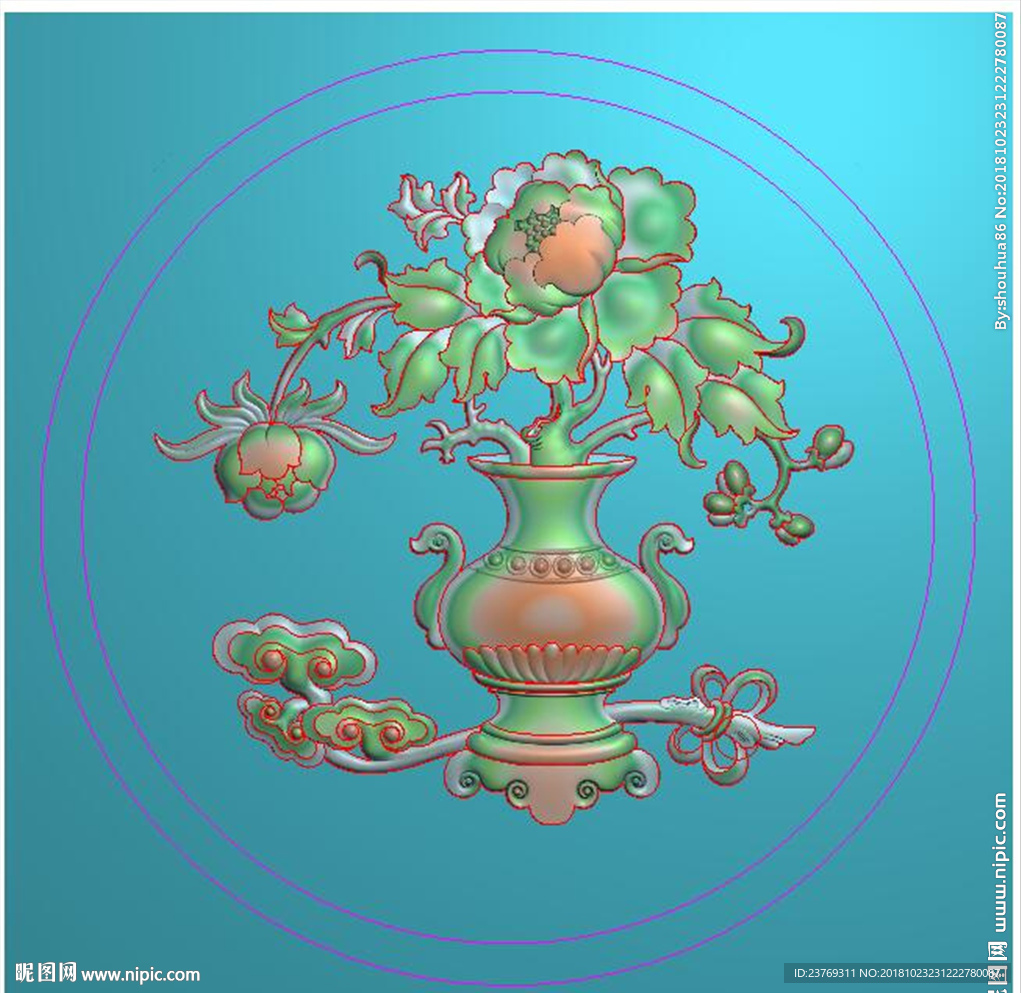 圆形牡丹花花瓶门板背板精雕图