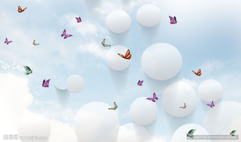 漫天飞舞蝴蝶蓝天立体球背景墙