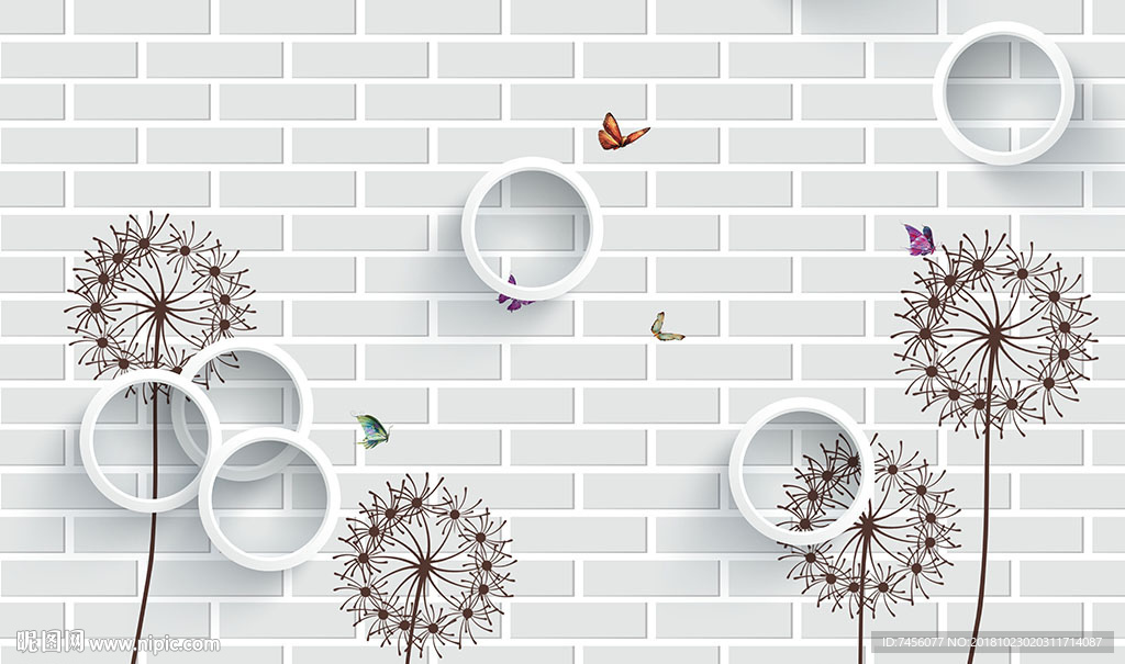蒲公英蝴蝶立体圈圈背景墙