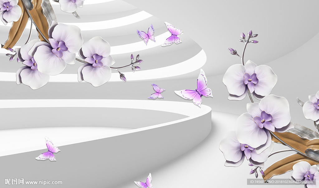 蝶恋花紫色花卉花枝高清立体背景