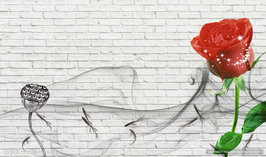 红玫瑰花水墨莲花墙面立体背景墙