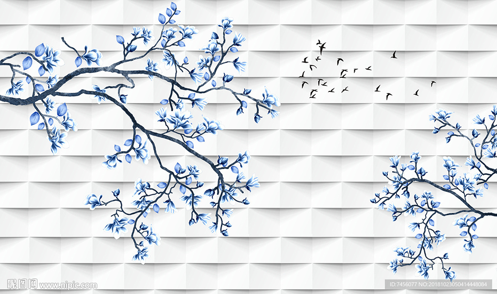 蓝色花卉花枝立体背景墙