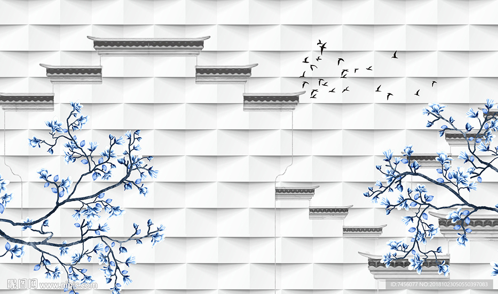 蓝色花卉花枝建筑立体背景墙-