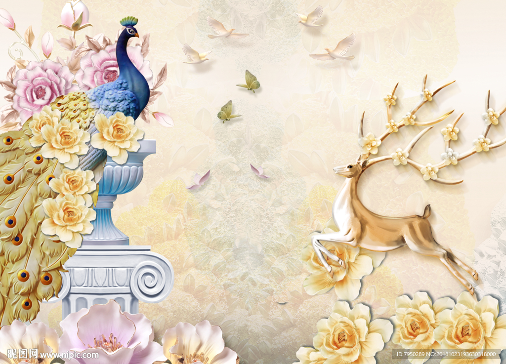 北欧浮雕花朵孔雀麋鹿背景墙