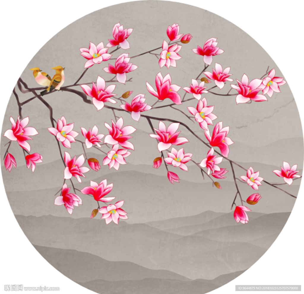 水彩玉兰花鸟图