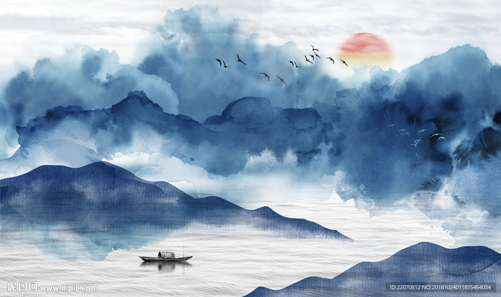 中式蓝色水墨云雾小山河流背景墙