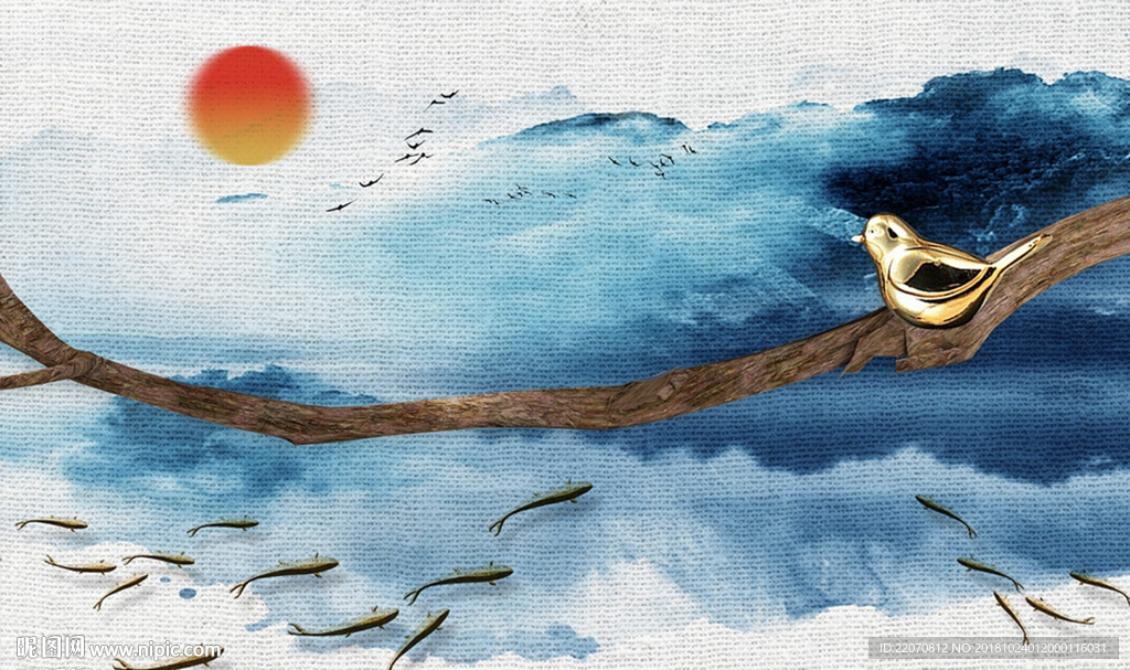 中式蓝色山水画游鱼背景墙