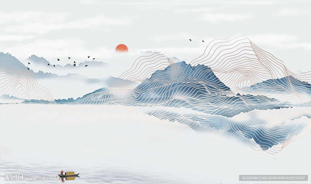 中国风抽象线条水墨山水背景墙