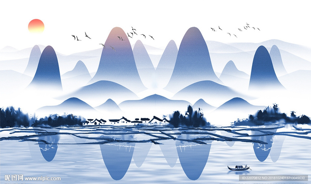 中式意境水墨山水风景飞鸟背景墙