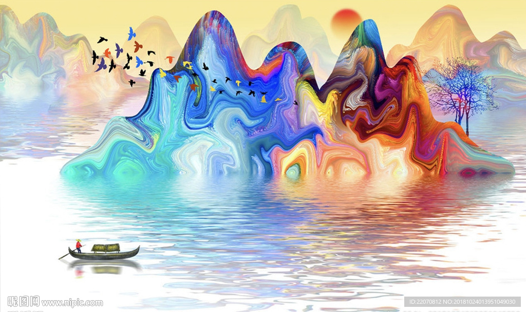 中式炫彩水墨抽象山水背景墙