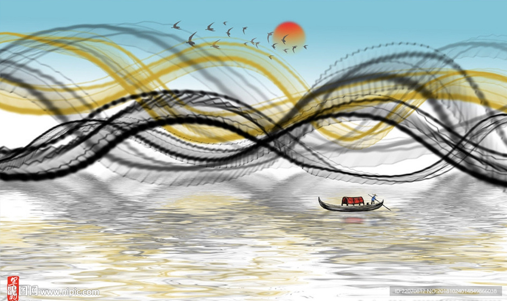 水墨线条抽象山水背景墙