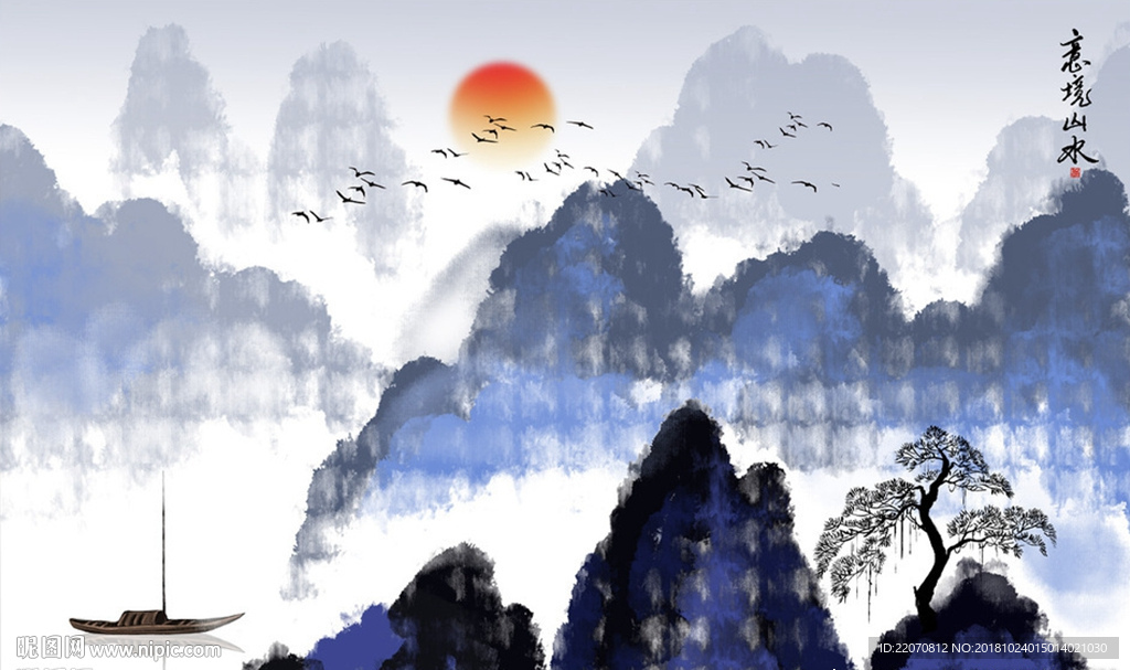 新中式水墨山水梅花背景墙
